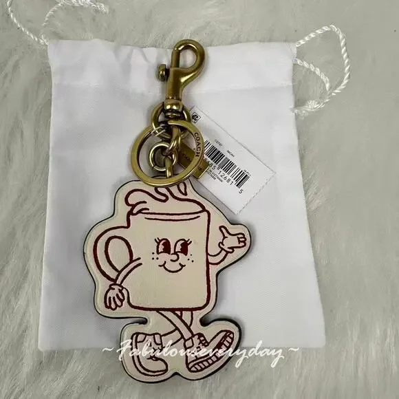 COACH Coffee Cup Bag Charm Lil Miss Jo In Leather/Brass/Chalk Multi New - Picture 2 of 5